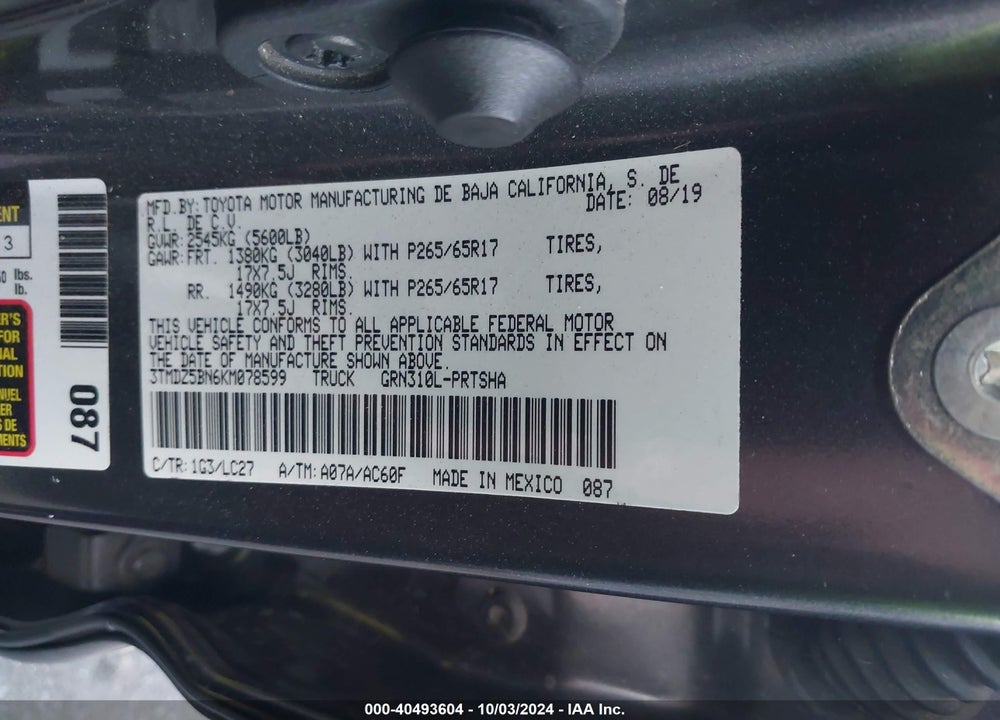 2019 TOYOTA TACOMA TRD SPORT VIN: 3TMDZ5BN6KM078599