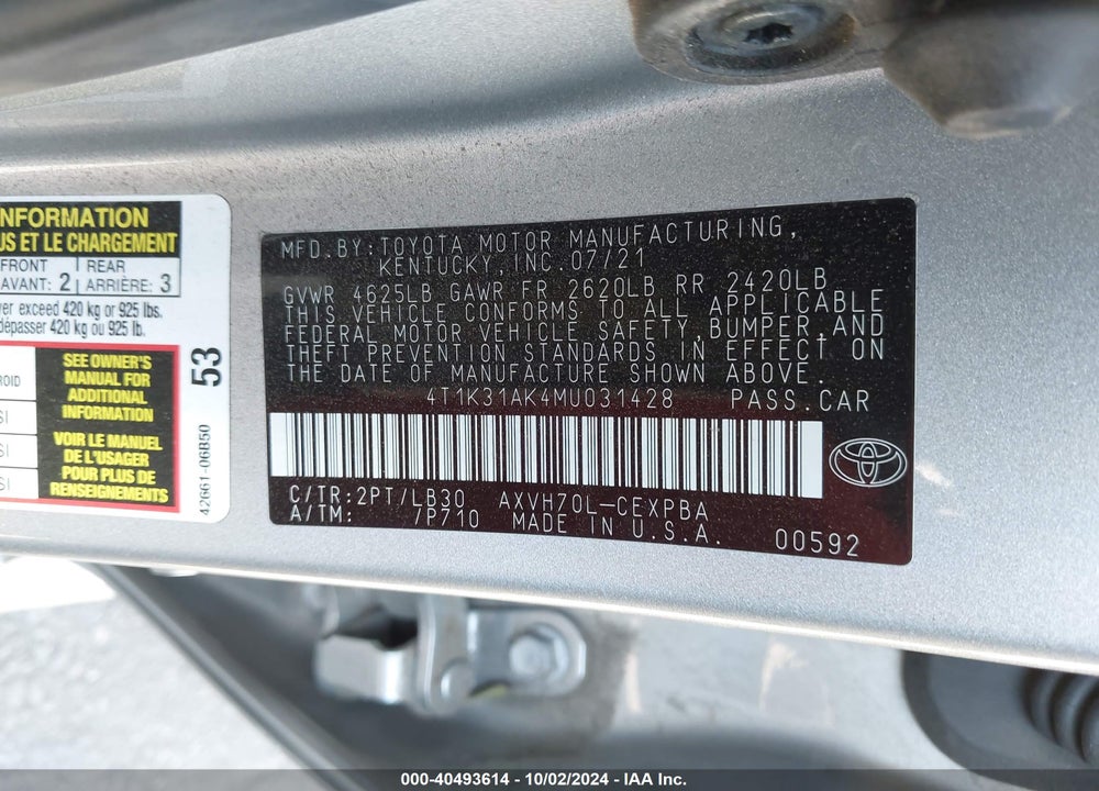 2021 TOYOTA CAMRY XSE HYBRID VIN: 4T1K31AK4MU031428