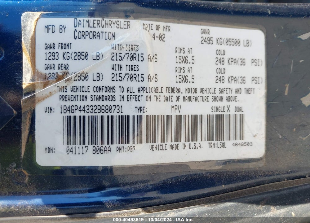 2002 DODGE GRAND CARAVAN SPORT VIN: 1B4GP44332B680731