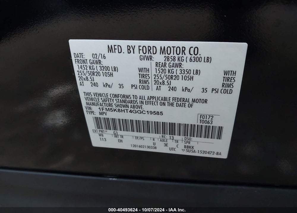 2016 FORD EXPLORER PLATINUM VIN: 1FM5K8HT4GGC19585