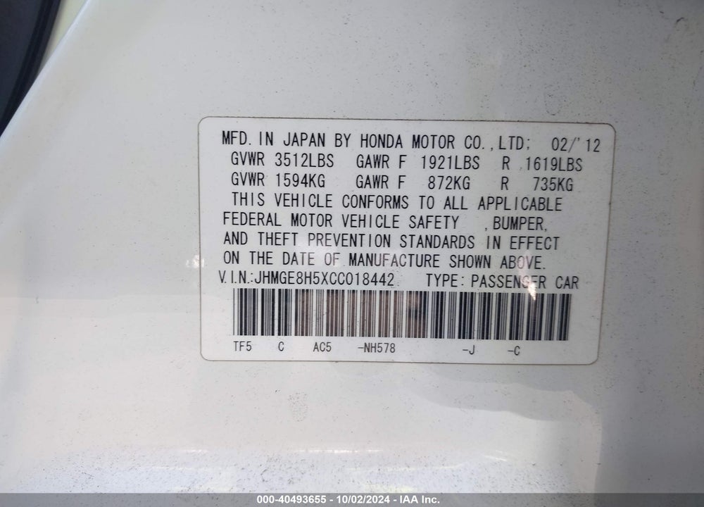 2012 HONDA FIT SPORT VIN: JHMGE8H5XCC018442