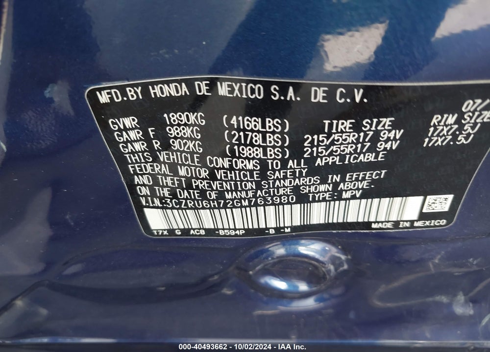 2016 HONDA HR-V EX-L VIN: 3CZRU6H72GM763980