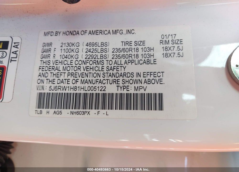 2017 HONDA CR-V EX-L/EX-L NAVI VIN: 5J6RW1H81HL005122