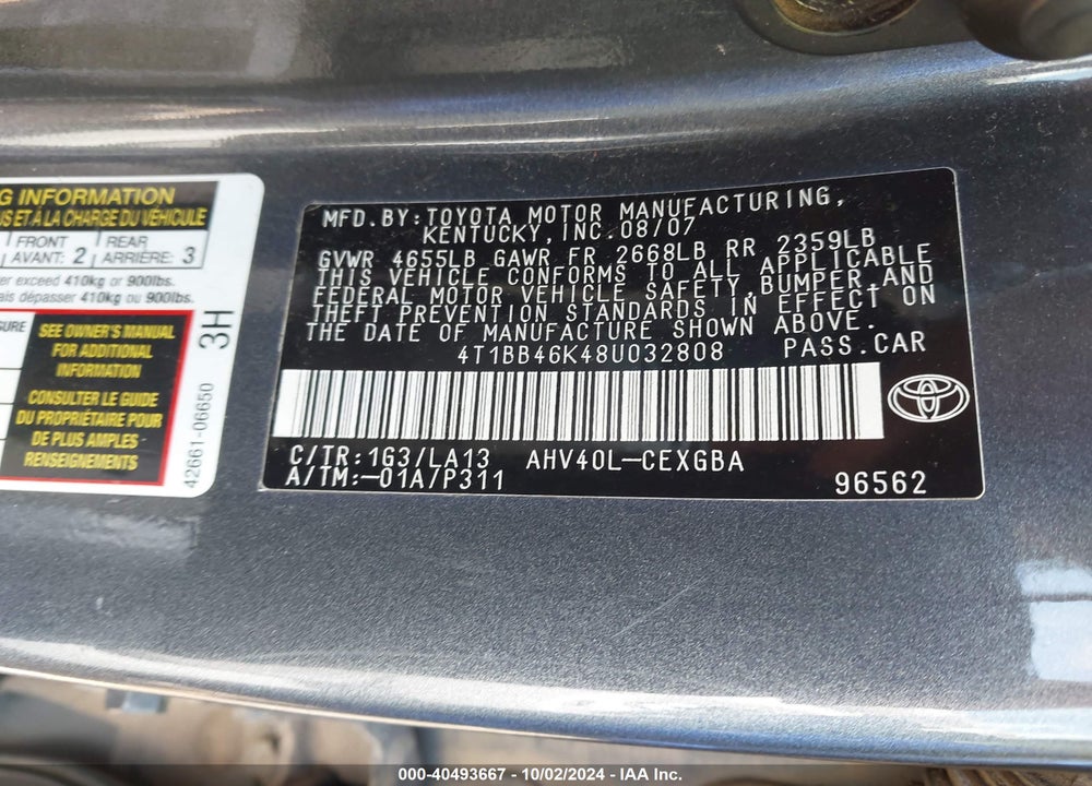 2008 TOYOTA CAMRY HYBRID VIN: 4T1BB46K48U032808