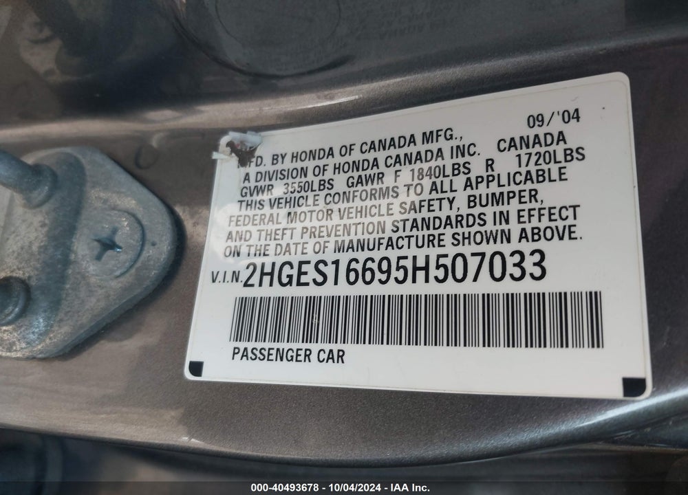 2005 HONDA CIVIC LX VIN: 2HGES16695H507033
