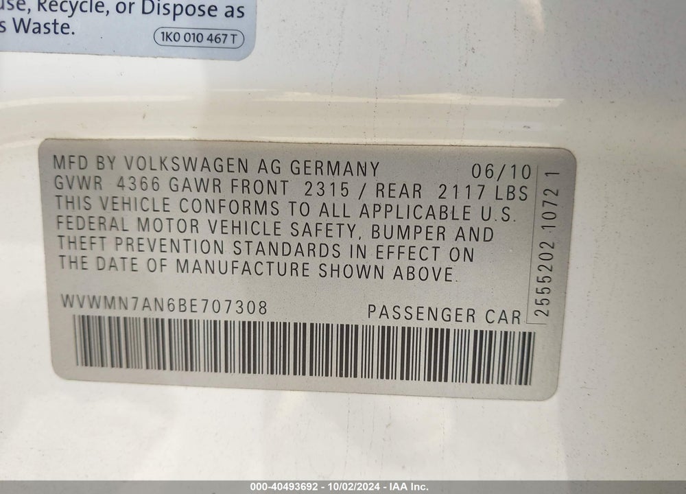 2011 VOLKSWAGEN CC SPORT VIN: WVWMN7AN6BE707308