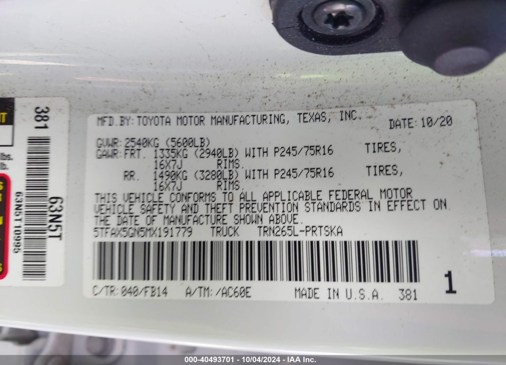 2021 TOYOTA TACOMA SR VIN: 5TFAX5GN5MX191779
