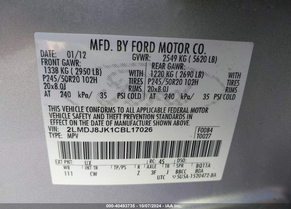 2012 LINCOLN MKX VIN: 2LMDJ8JK1CBL17026