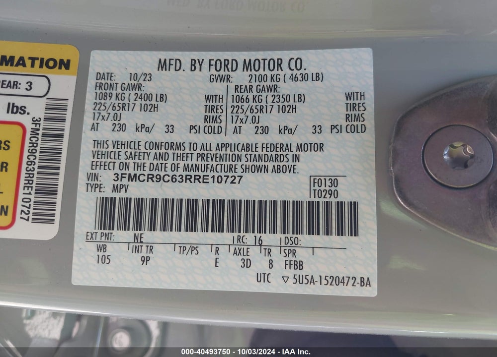 2024 FORD BRONCO SPORT OUTER BANKS VIN: 3FMCR9C63RRE10727