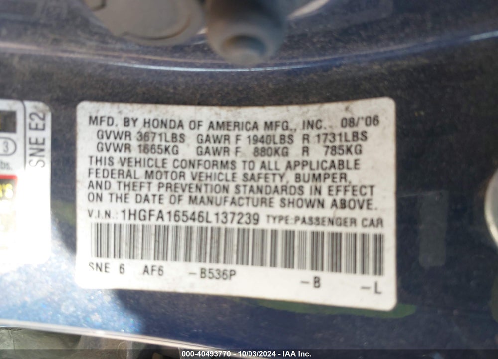 2006 HONDA CIVIC LX VIN: 1HGFA16546L137239