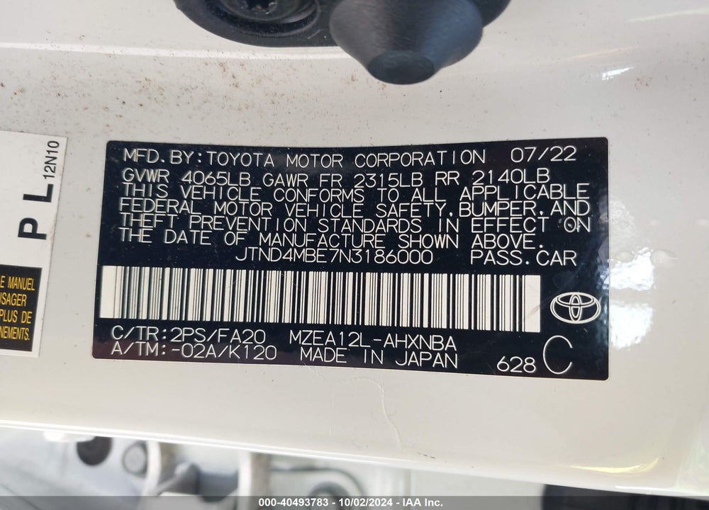 2022 TOYOTA COROLLA SE VIN: JTND4MBE7N3186000