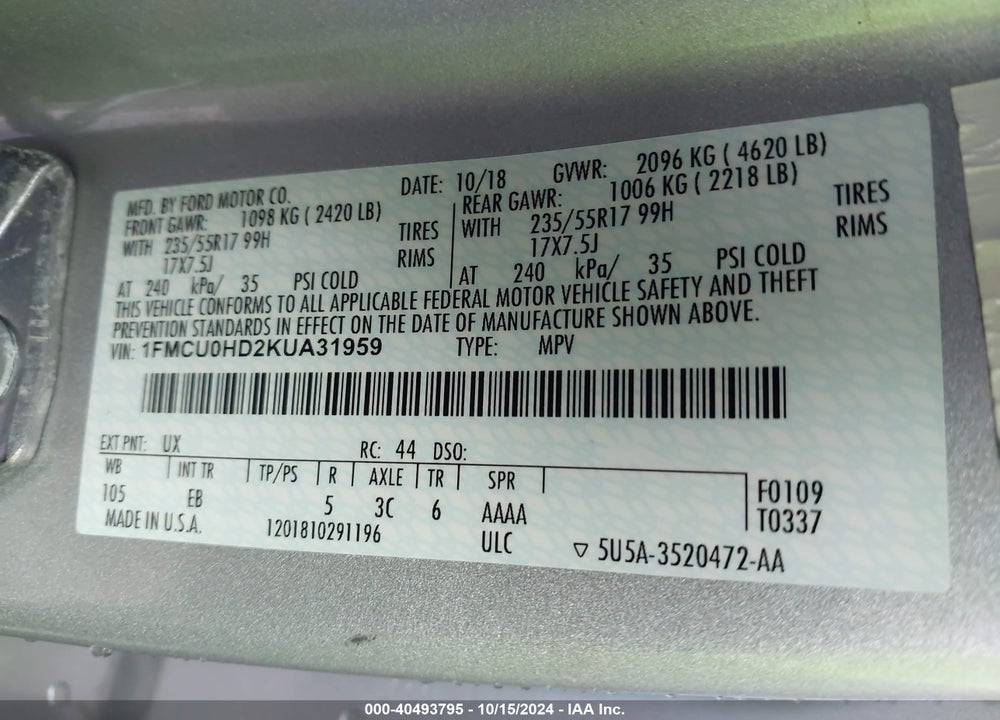 2019 FORD ESCAPE SEL VIN: 1FMCU0HD2KUA31959