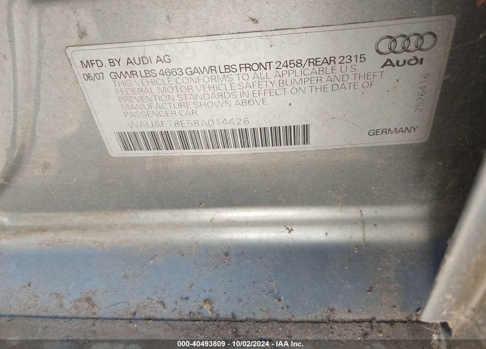 2008 AUDI A4 2.0T VIN: WAUAF78E58A014426
