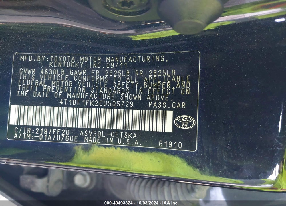 2012 TOYOTA CAMRY SE VIN: 4T1BF1FK2CU505729