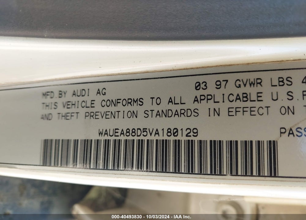 1997 AUDI A4 2.8 VIN: WAUEA88D5VA180129