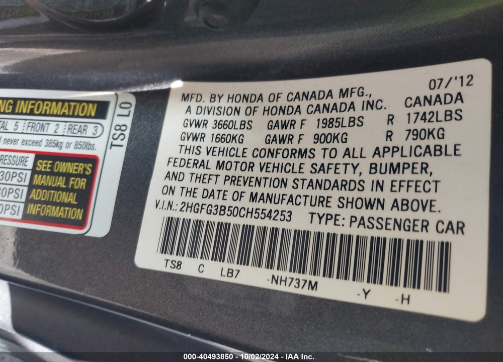 2012 HONDA CIVIC LX VIN: 2HGFG3B50CH554253