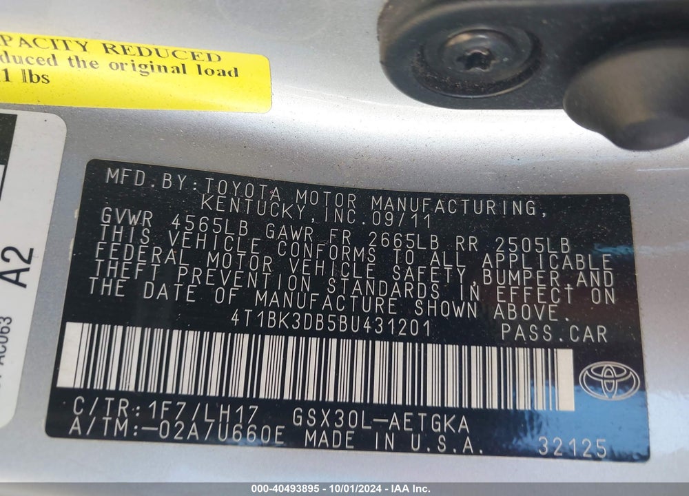 2011 TOYOTA AVALON VIN: 4T1BK3DB5BU431201