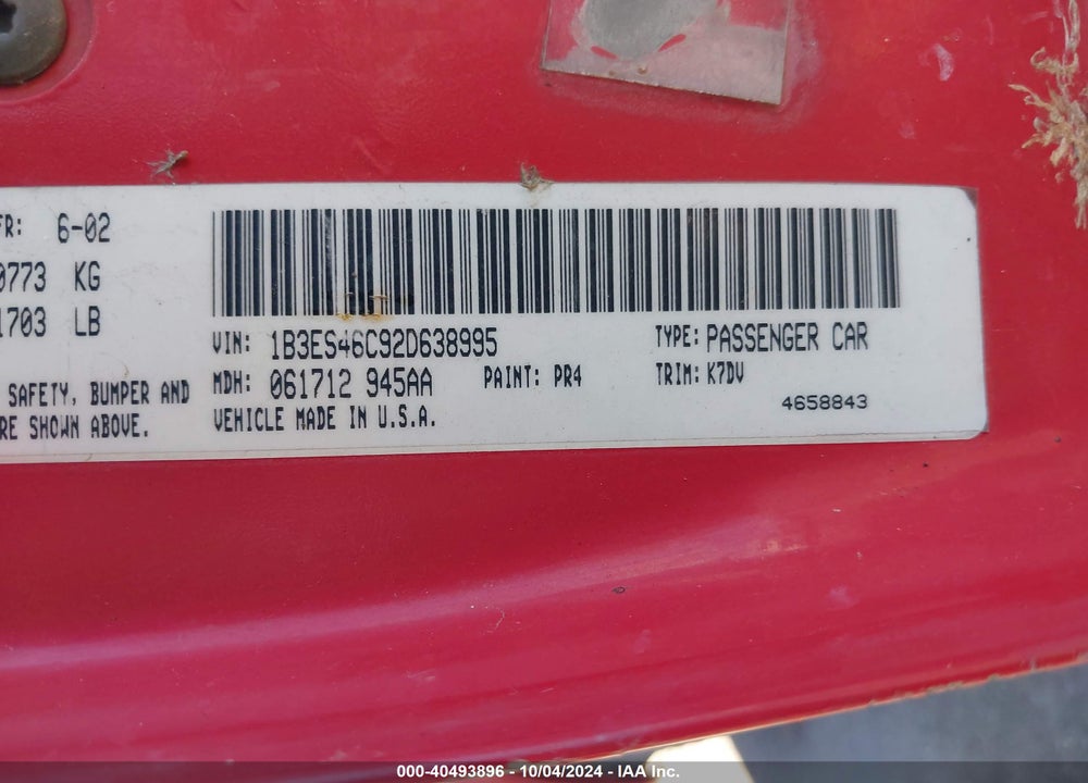 2002 DODGE NEON SE VIN: 1B3ES46C92D638995