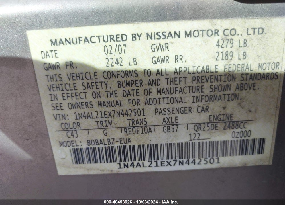 2007 NISSAN ALTIMA 2.5 S VIN: 1N4AL21EX7N442501