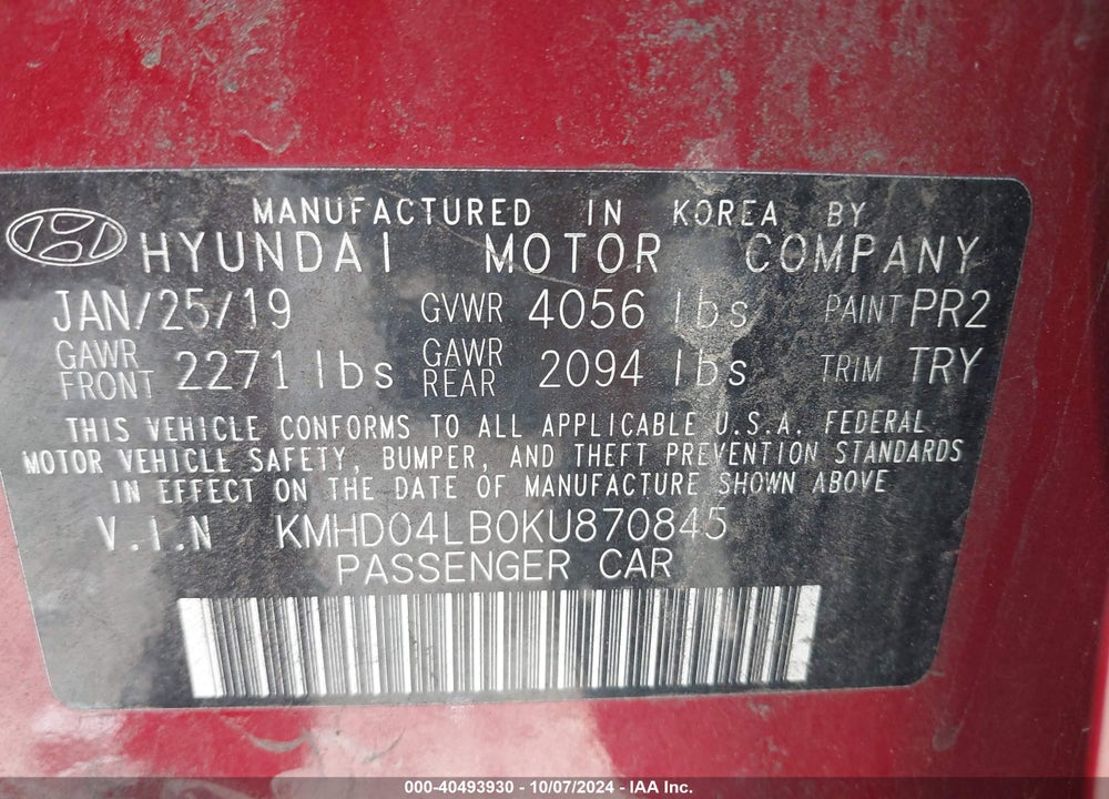 2019 HYUNDAI ELANTRA SPORT VIN: KMHD04LB0KU870845