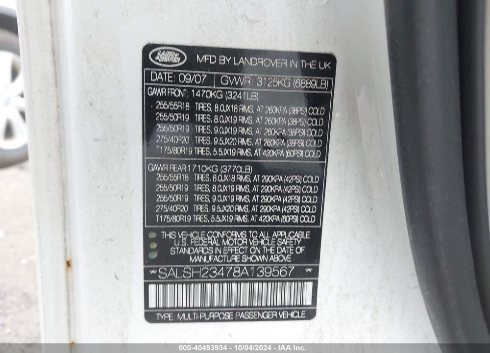 2008 LAND ROVER RANGE ROVER SPORT SUPERCHARGED VIN: SALSH23478A139567