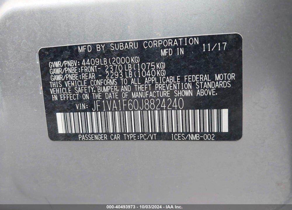 2018 SUBARU WRX LIMITED VIN: JF1VA1F60J8824240
