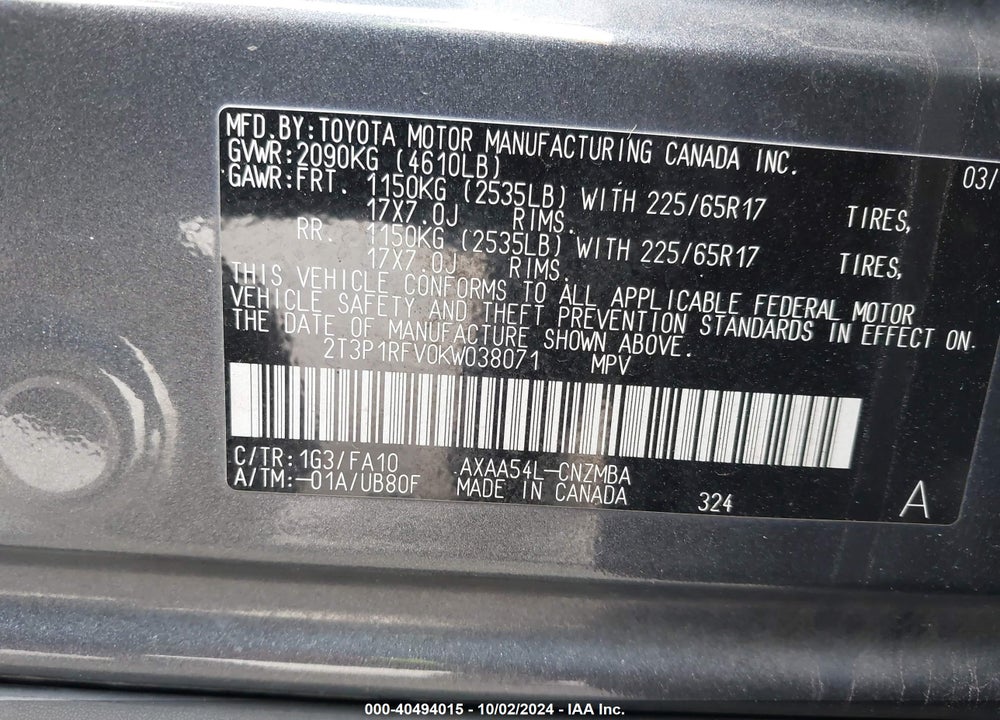 2019 TOYOTA RAV4 XLE VIN: 2T3P1RFV0KW038071