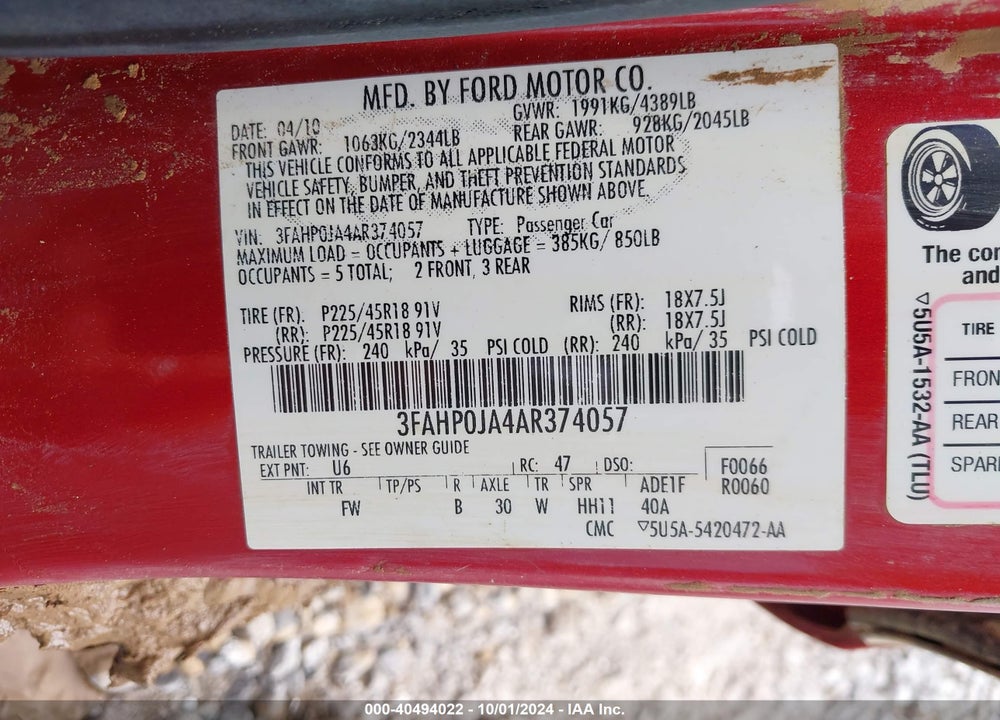2010 FORD FUSION SEL VIN: 3FAHP0JA4AR374057
