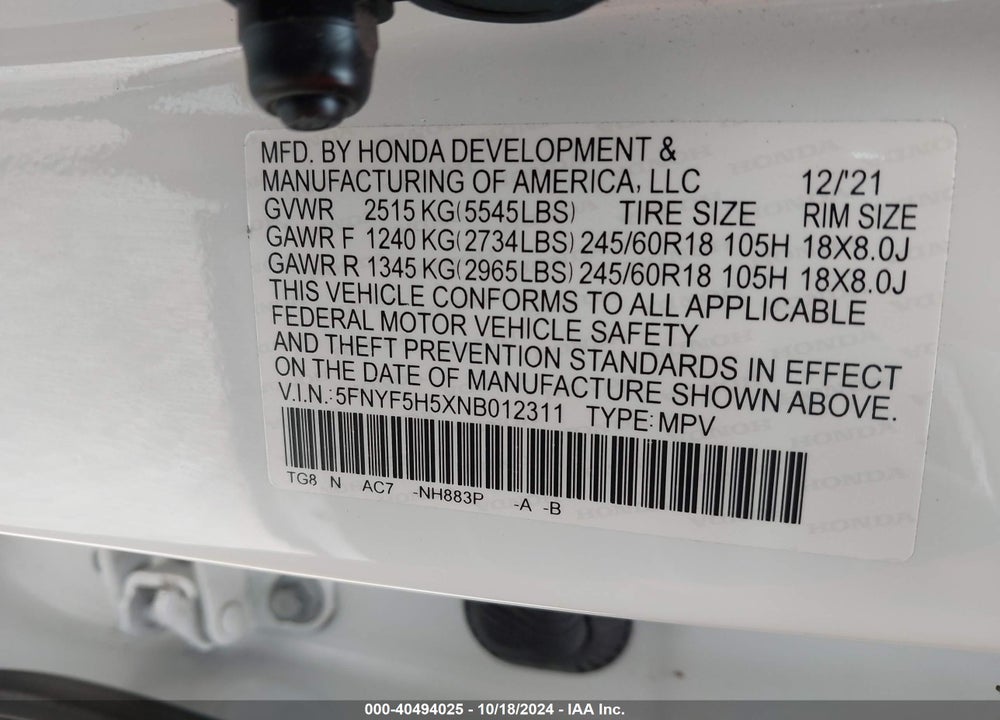 2022 HONDA PILOT 2WD EX-L VIN: 5FNYF5H5XNB012311