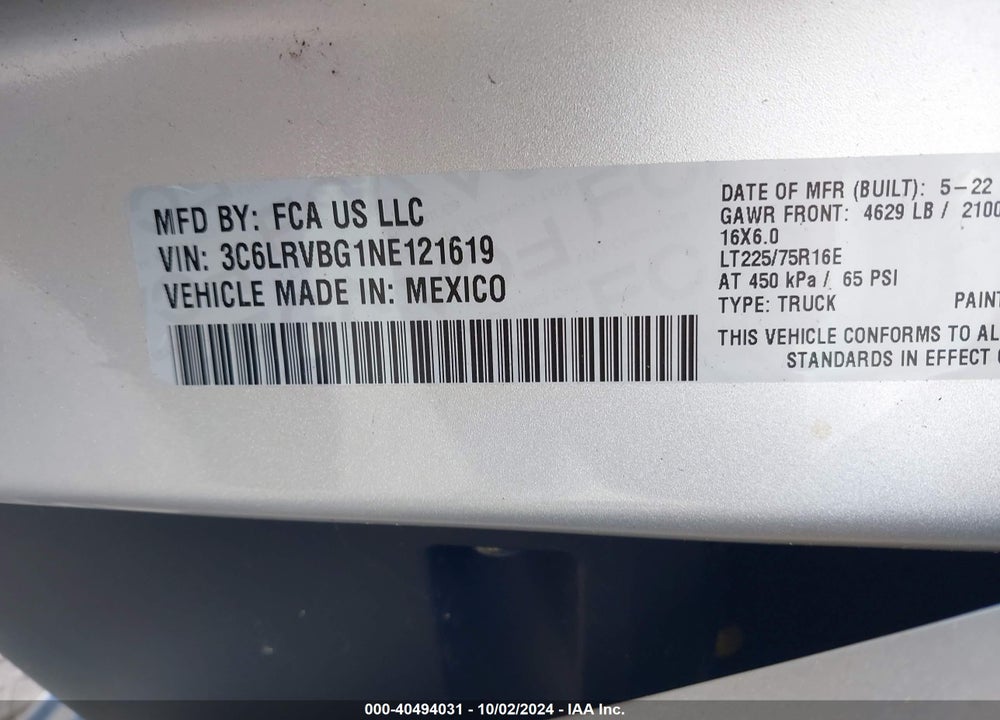 2022 RAM PROMASTER 1500 136 WB VIN: 3C6LRVBG1NE121619