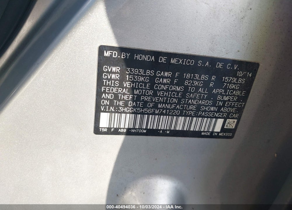 2015 HONDA FIT LX VIN: 3HGGK5H56FM741220