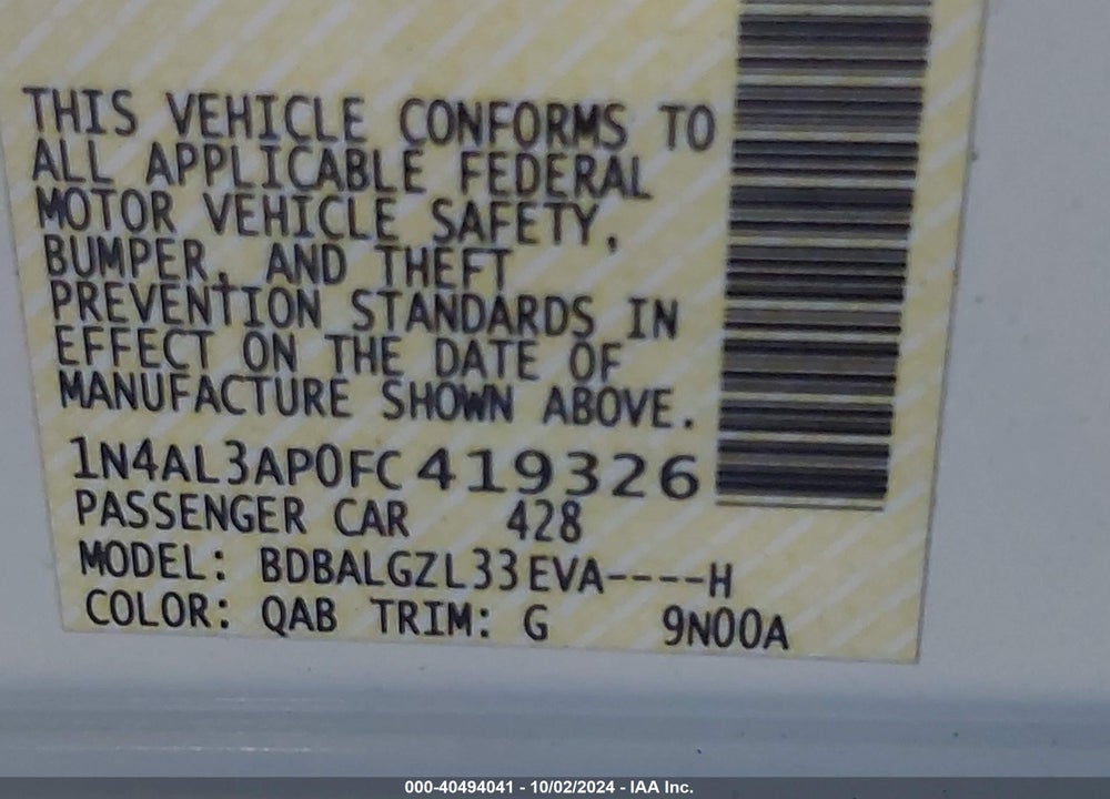 2015 NISSAN ALTIMA 2.5 S VIN: 1N4AL3AP0FC419326