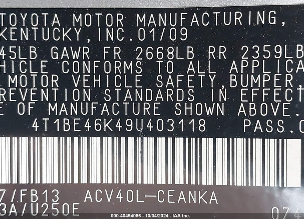 2009 TOYOTA CAMRY LE VIN: 4T1BE46K49U403118