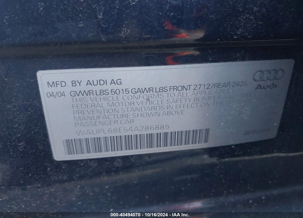 2004 AUDI S4 4.2 VIN: WAUPL68E54A286885