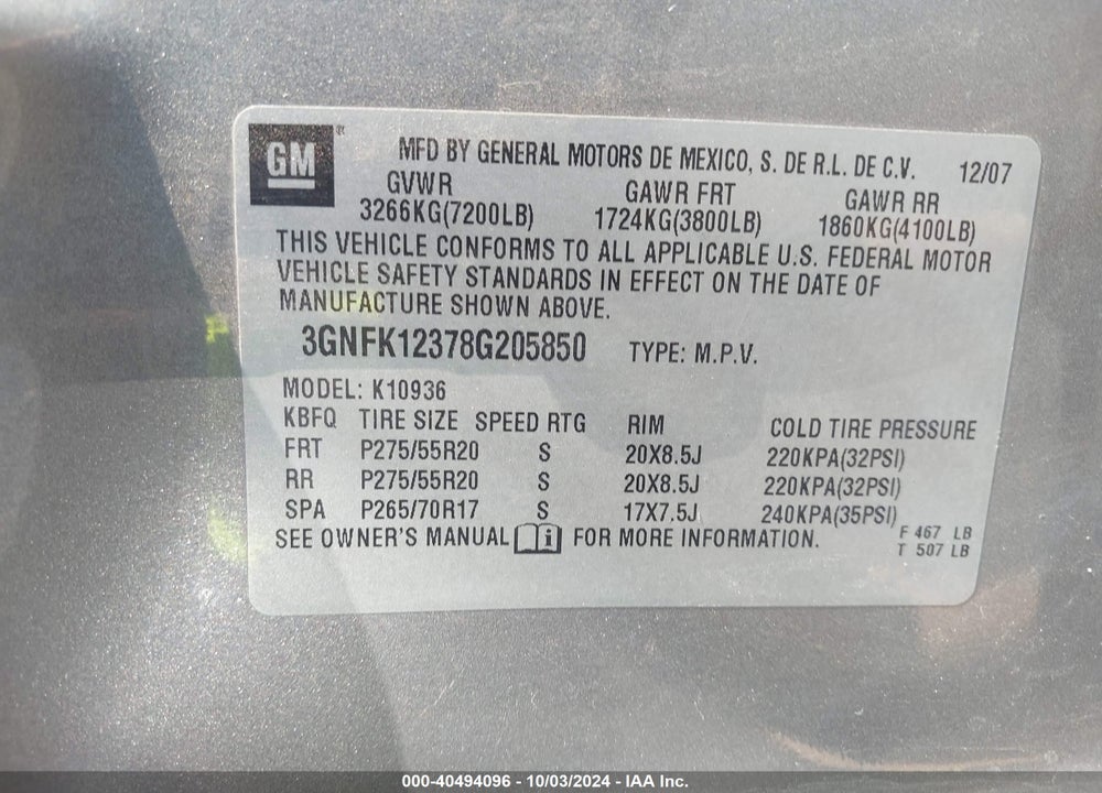 2008 CHEVROLET AVALANCHE 1500 LT VIN: 3GNFK12378G205850
