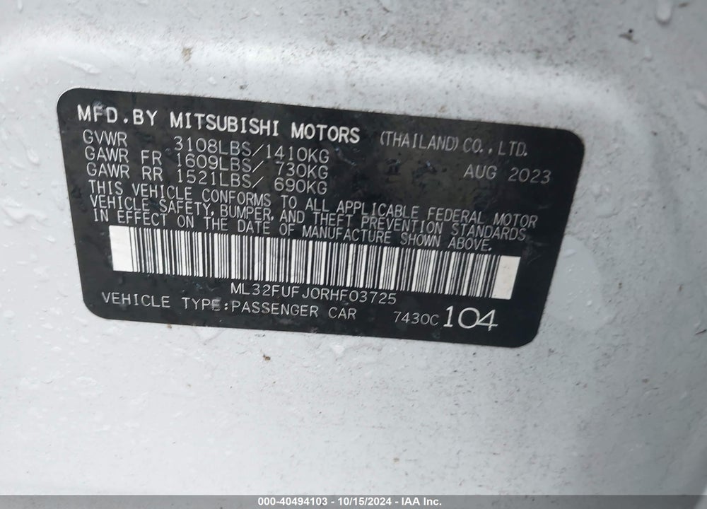 2024 MITSUBISHI MIRAGE G4 ES VIN: ML32FUFJ0RHF03725