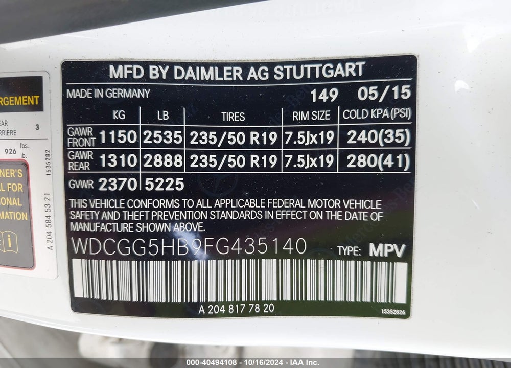 2015 MERCEDES-BENZ GLK 350 VIN: WDCGG5HB9FG435140