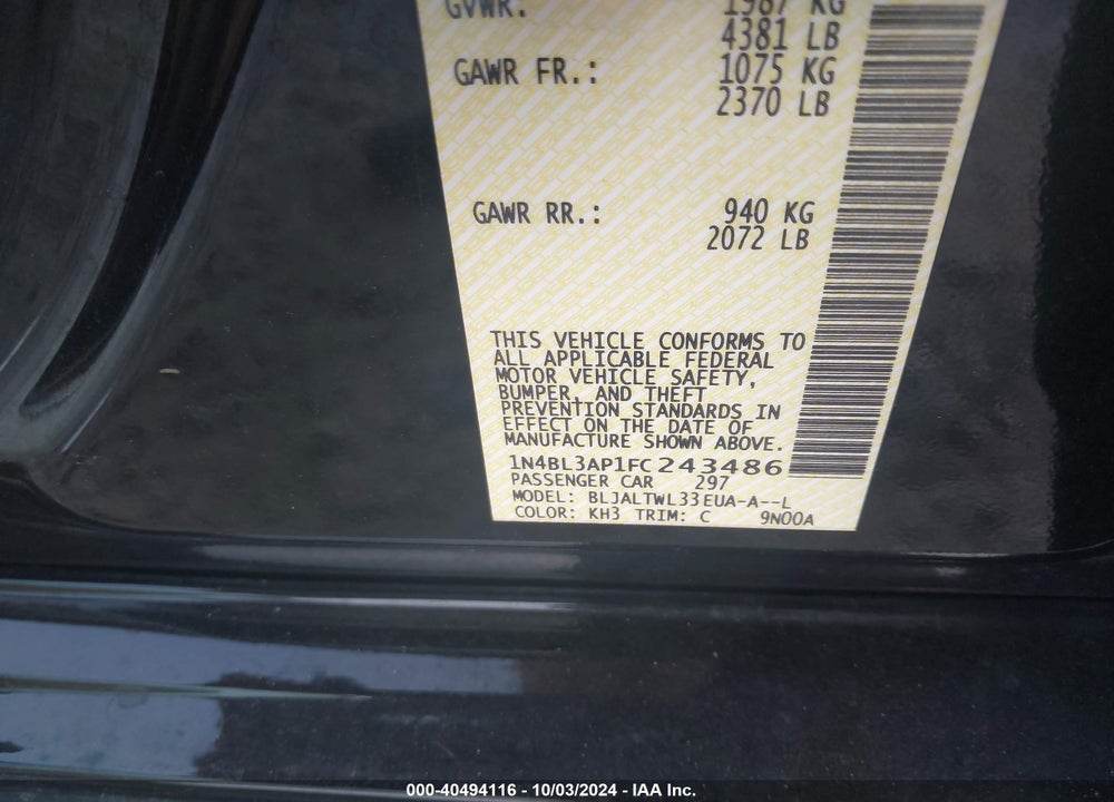 2015 NISSAN ALTIMA VIN: 1N4BL3AP1FC243486