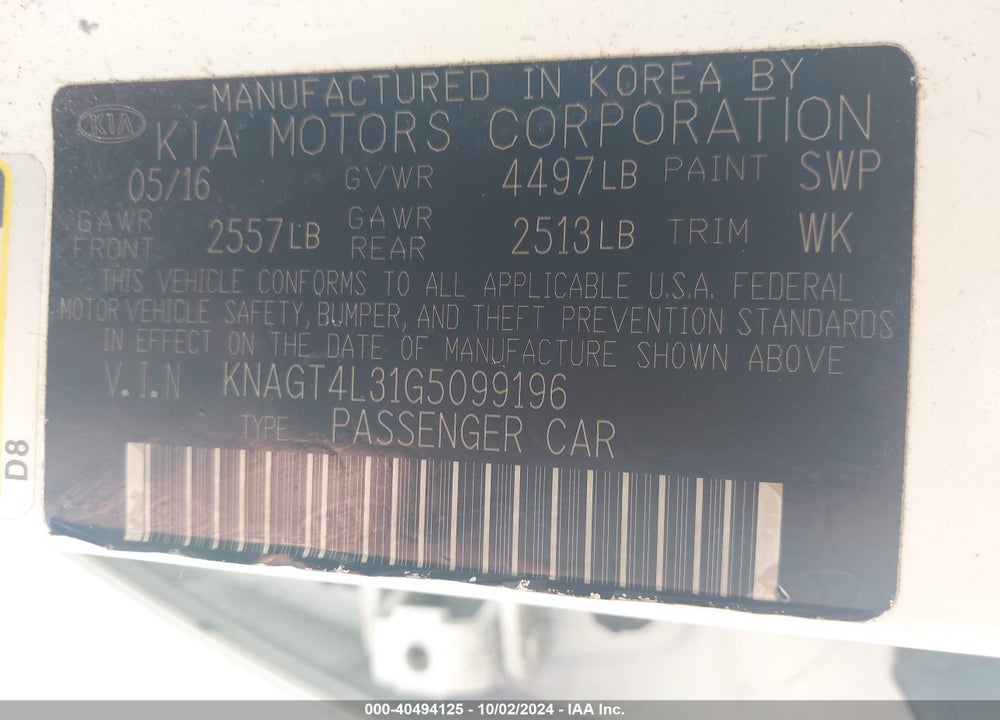 2016 KIA OPTIMA LX VIN: KNAGT4L31G5099196
