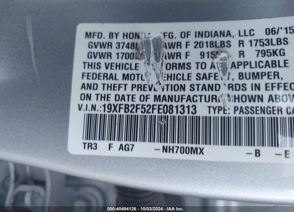2015 HONDA CIVIC LX VIN: 19XFB2F52FE081313