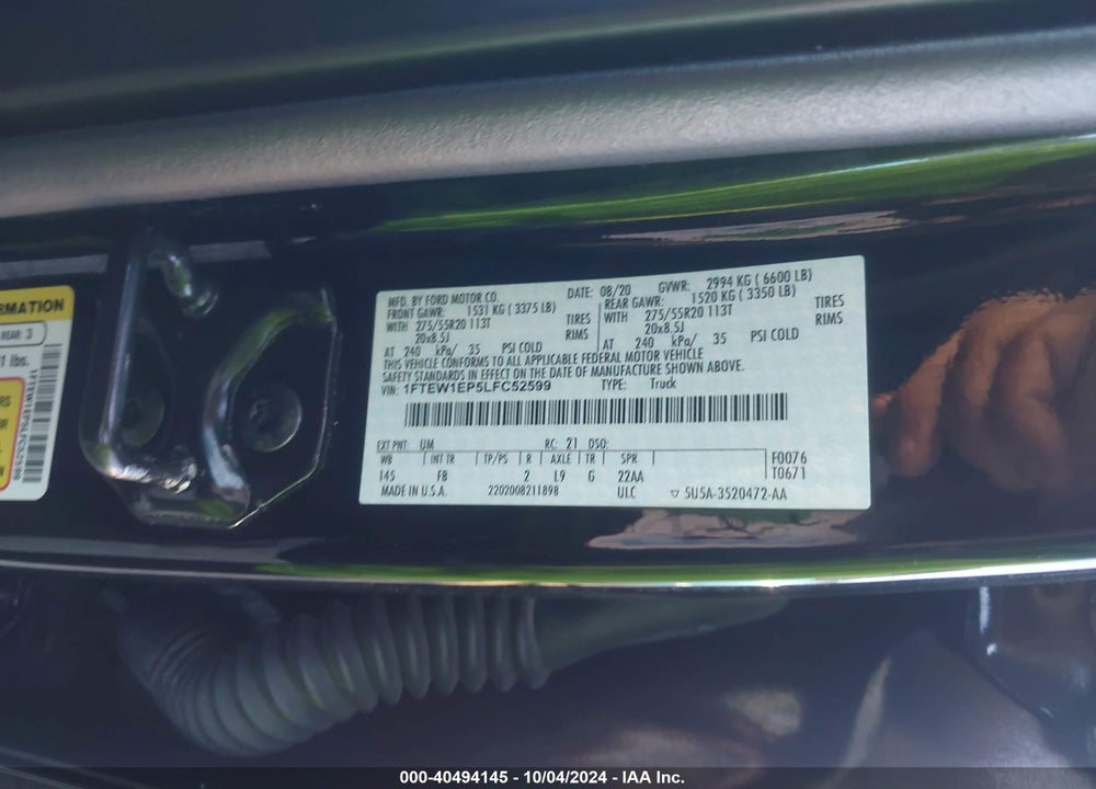 2020 FORD F-150 XLT VIN: 1FTEW1EP5LFC52599