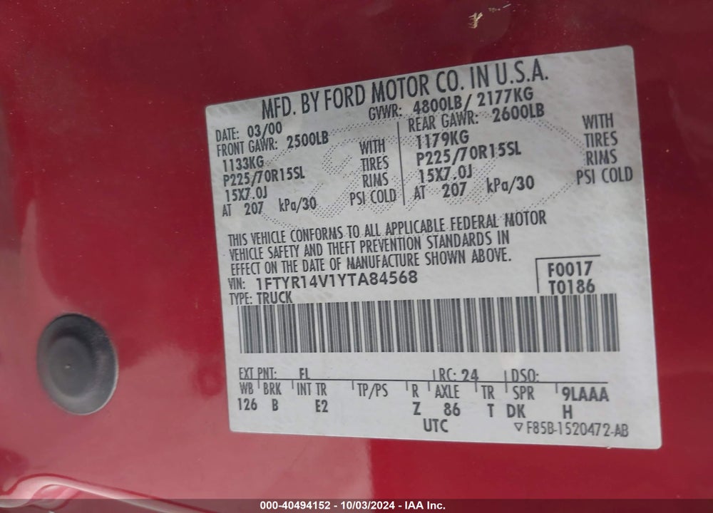 2000 FORD RANGER XL/XLT VIN: 1FTYR14V1YTA84568