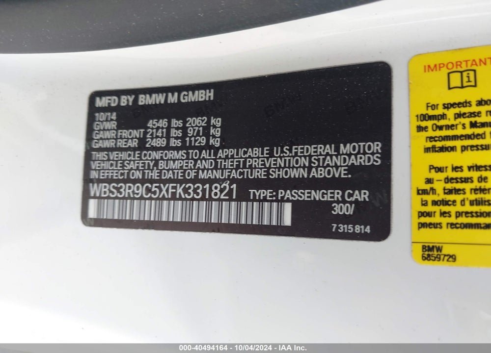 2015 BMW M4 VIN: WBS3R9C5XFK331821