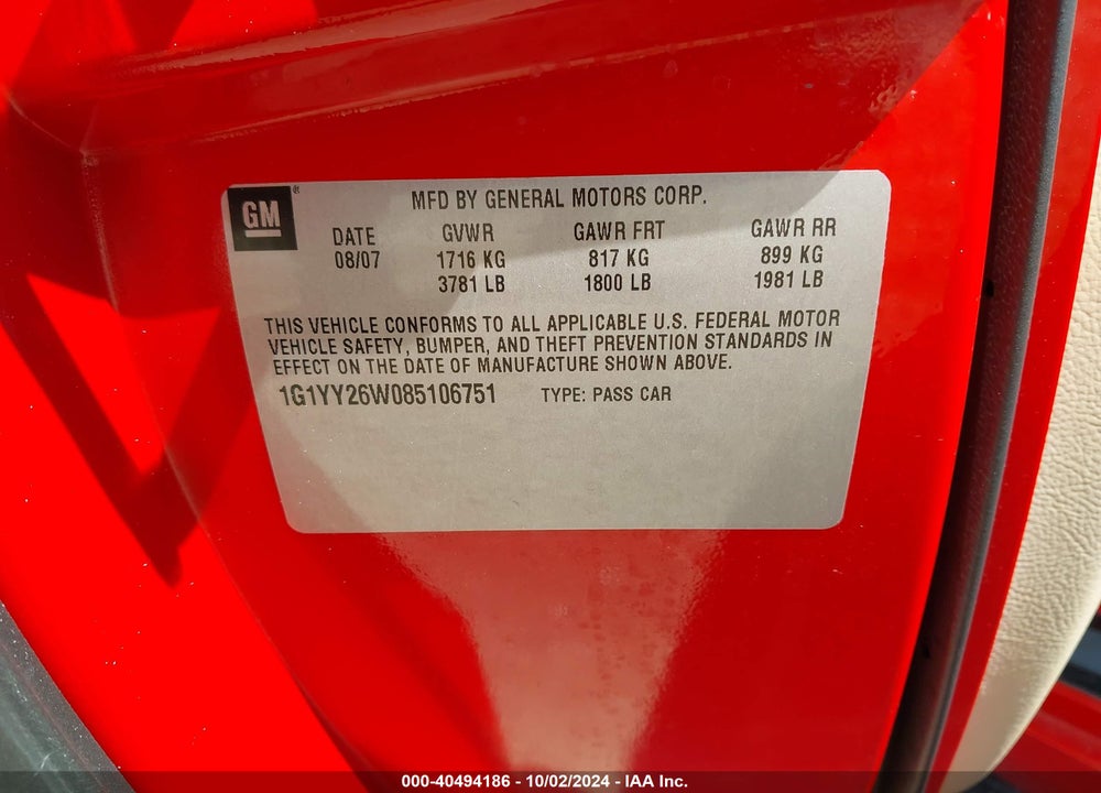 2008 CHEVROLET CORVETTE VIN: 1G1YY26W085106751