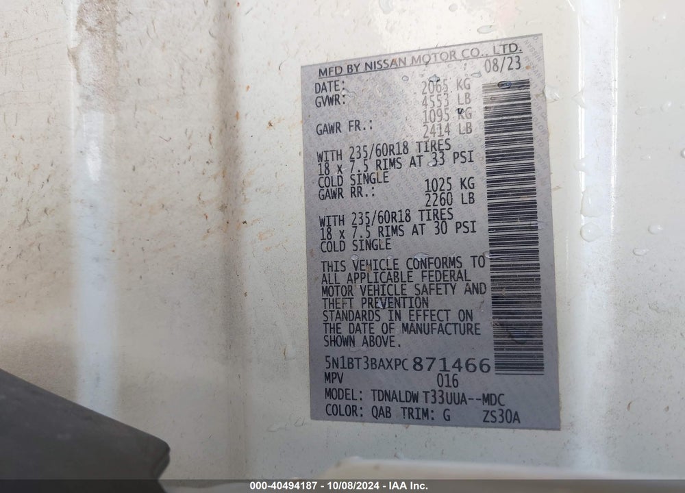 2023 NISSAN ROGUE SV FWD VIN: 5N1BT3BAXPC871466