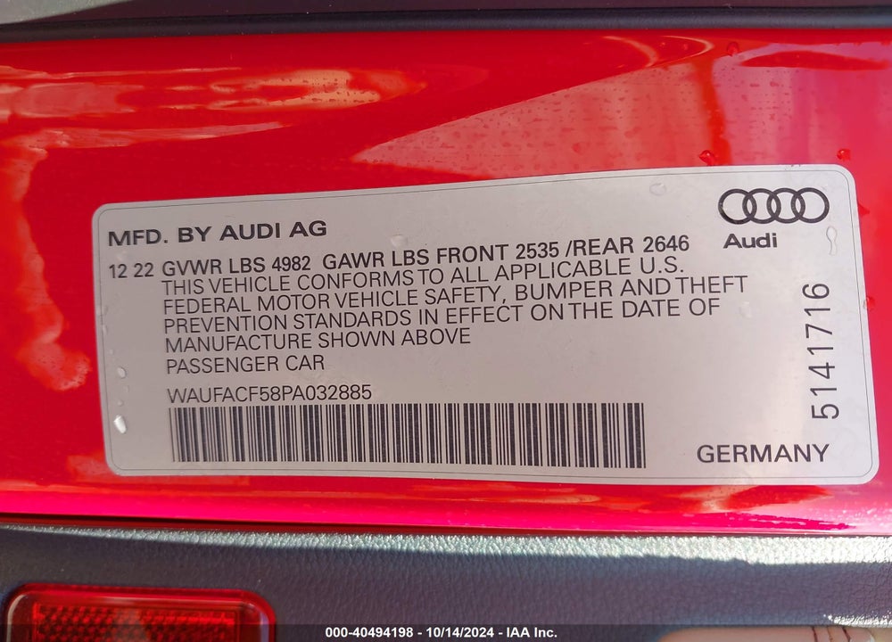 2023 AUDI A5 SPORTBACK PREMIUM PLUS 45 TFSI S LINE QUATTRO S TRONIC VIN: WAUFACF58PA032885