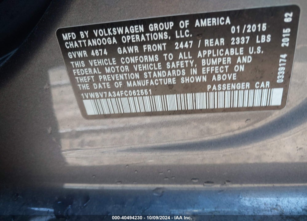 2015 VOLKSWAGEN PASSAT 2.0L TDI SE VIN: 1VWBV7A34FC062551