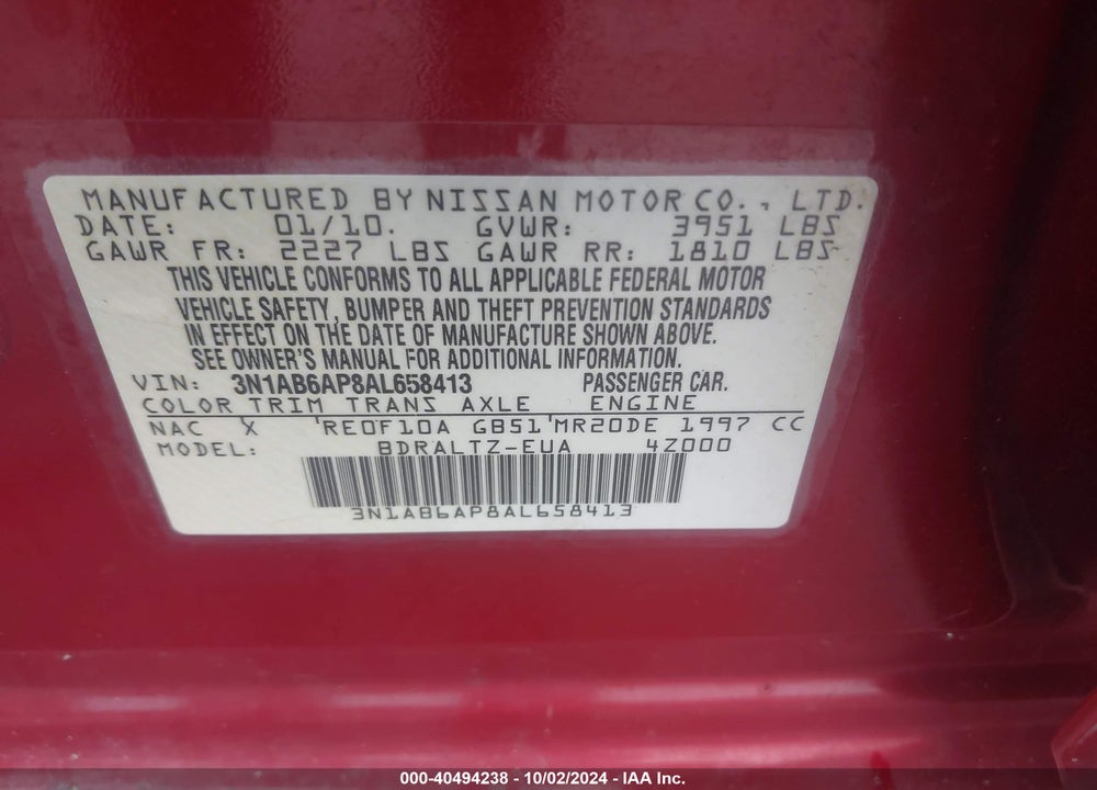 2010 NISSAN SENTRA 2.0S VIN: 3N1AB6AP8AL658413