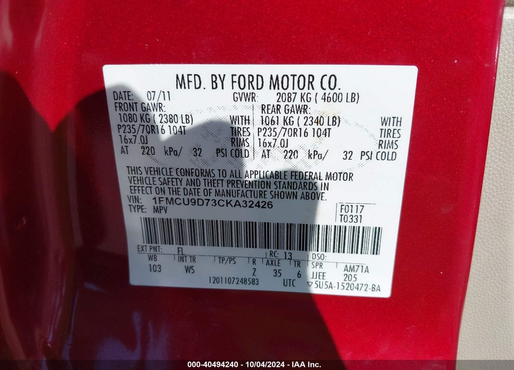 2012 FORD ESCAPE XLT VIN: 1FMCU9D73CKA32426