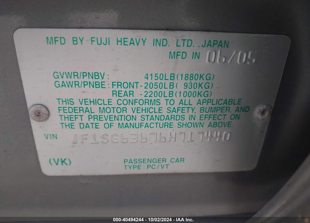 2006 SUBARU FORESTER 2.5X VIN: JF1SG63676H717440